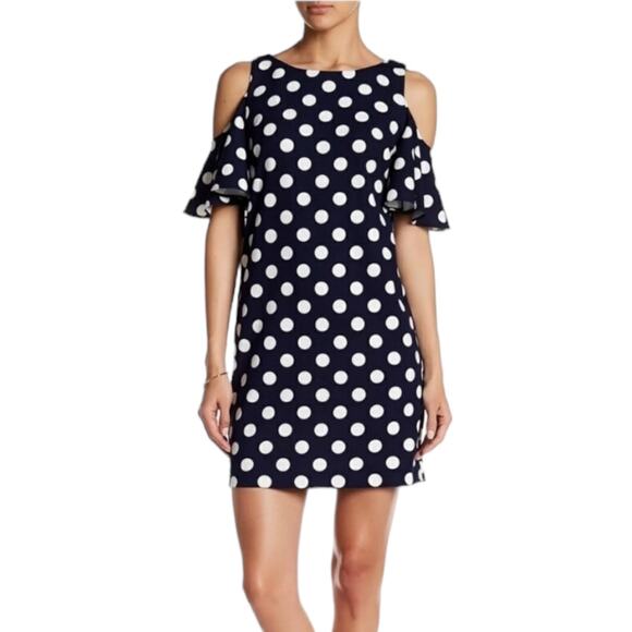 Eliza J Cold Shoulder Polka Dots Mini Dress Navy White Size 2 - Picture 2 of 10
